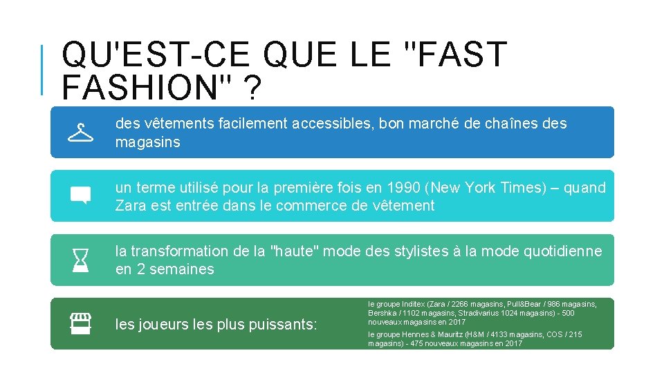 QU'EST-CE QUE LE "FAST FASHION" ? des vêtements facilement accessibles, bon marché de chaînes