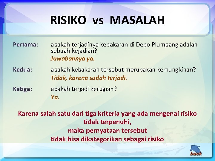 RISIKO vs MASALAH Pertama: apakah terjadinya kebakaran di Depo Plumpang adalah sebuah kejadian? Jawabannya