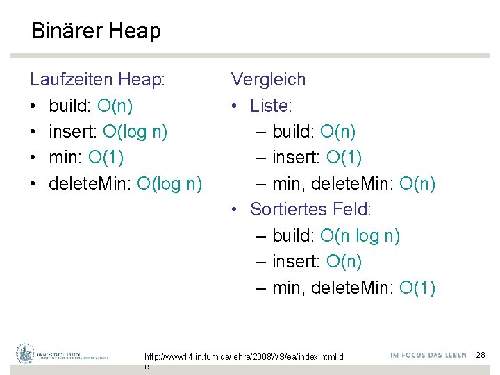 Binärer Heap Laufzeiten Heap: • build: O(n) • insert: O(log n) • min: O(1)