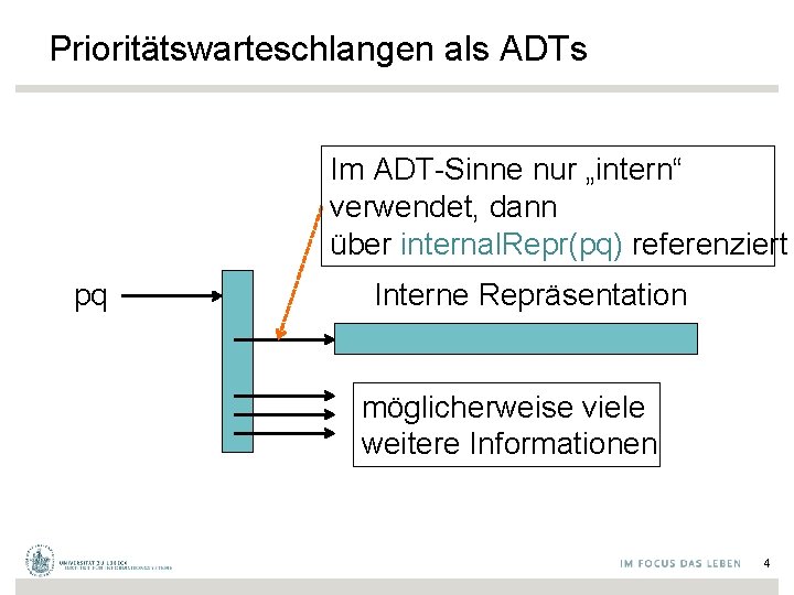 Prioritätswarteschlangen als ADTs Im ADT-Sinne nur „intern“ verwendet, dann über internal. Repr(pq) referenziert pq