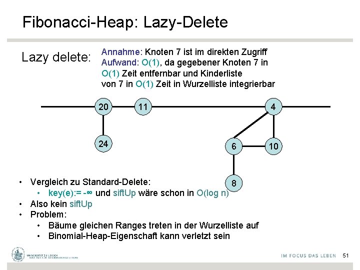 Fibonacci-Heap: Lazy-Delete Lazy delete: Annahme: Knoten 7 ist im direkten Zugriff Aufwand: O(1), da
