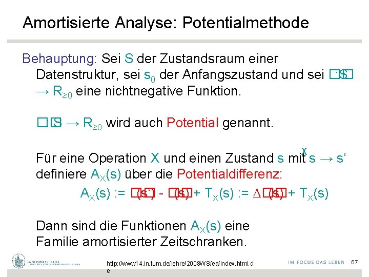 Amortisierte Analyse: Potentialmethode Behauptung: Sei S der Zustandsraum einer Datenstruktur, sei s 0 der