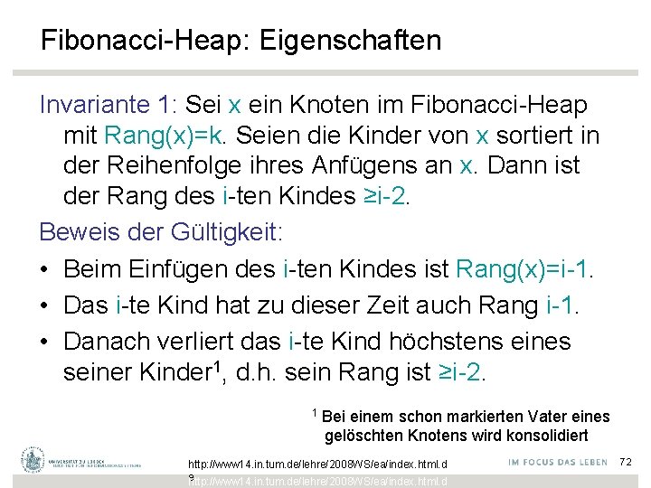 Fibonacci-Heap: Eigenschaften Invariante 1: Sei x ein Knoten im Fibonacci-Heap mit Rang(x)=k. Seien die