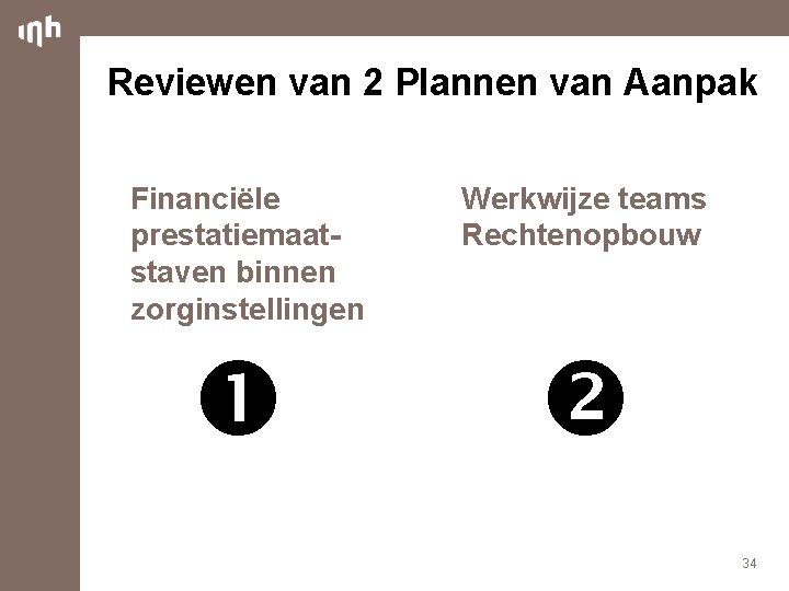 Reviewen van 2 Plannen van Aanpak Financiële prestatiemaatstaven binnen zorginstellingen Werkwijze teams Rechtenopbouw 34