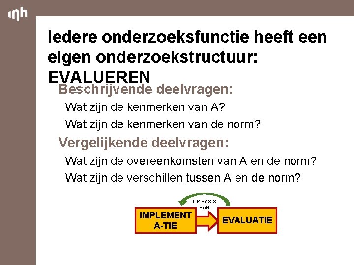 Iedere onderzoeksfunctie heeft een eigen onderzoekstructuur: EVALUEREN Beschrijvende deelvragen: Wat zijn de kenmerken van