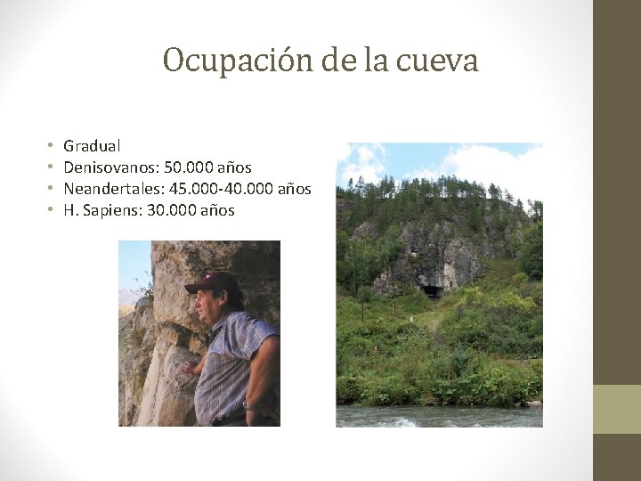 Ocupación de la cueva • • Gradual Denisovanos: 50. 000 años Neandertales: 45. 000 Ocupación de la cueva • • Gradual Denisovanos: 50. 000 años Neandertales: 45. 000