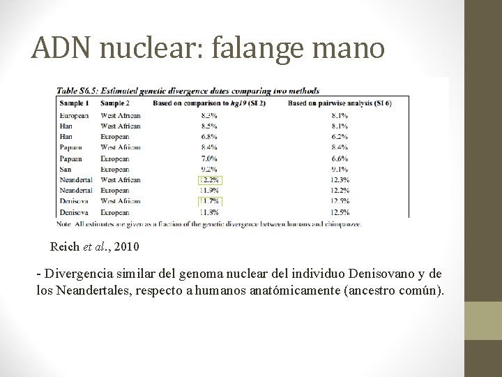 ADN nuclear: falange mano Reich et al. , 2010 - Divergencia similar del genoma ADN nuclear: falange mano Reich et al. , 2010 - Divergencia similar del genoma