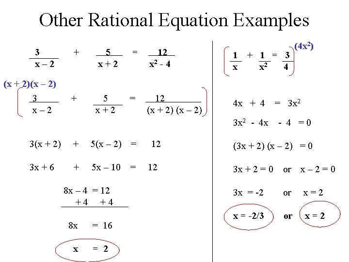 Other Rational Equation Examples 3 x– 2 (x + 2)(x – 2) 3 x–