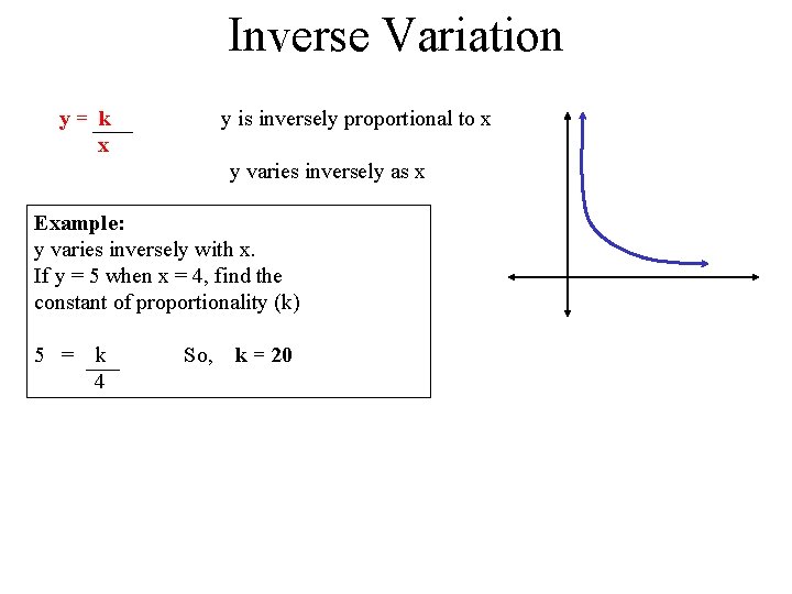 Inverse Variation y= k x y is inversely proportional to x y varies inversely