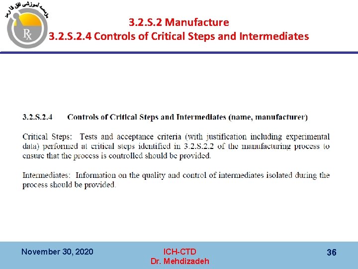 3. 2. S. 2 Manufacture 3. 2. S. 2. 4 Controls of Critical Steps