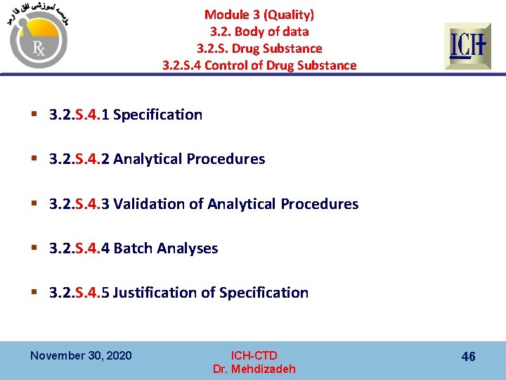 Module 3 (Quality) 3. 2. Body of data 3. 2. S. Drug Substance 3.