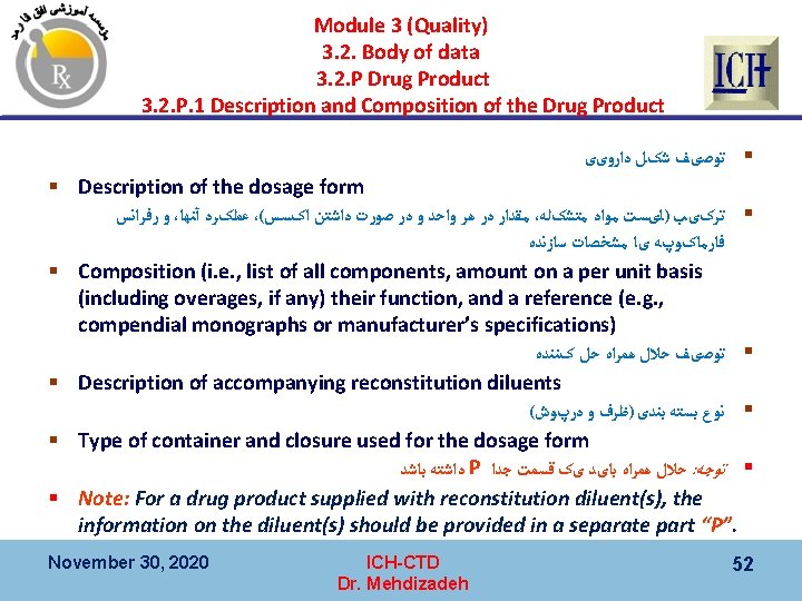 Module 3 (Quality) 3. 2. Body of data 3. 2. P Drug Product 3.