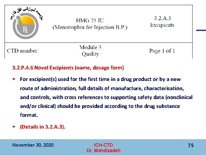 3. 2. P. 4. 6 Novel Excipients (name, dosage form) § For excipient(s) used