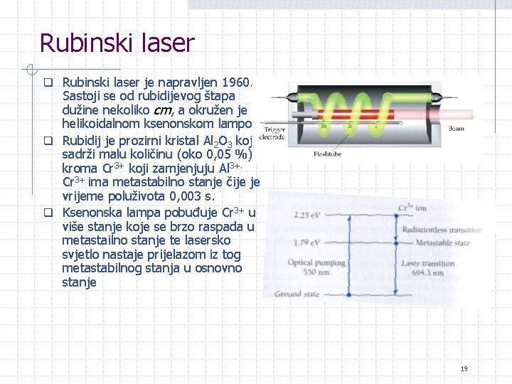Rubinski laser q Rubinski laser je napravljen 1960. Sastoji se od rubidijevog štapa dužine