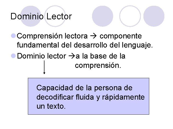 Dominio Lector l Comprensión lectora componente fundamental desarrollo del lenguaje. l Dominio lector a