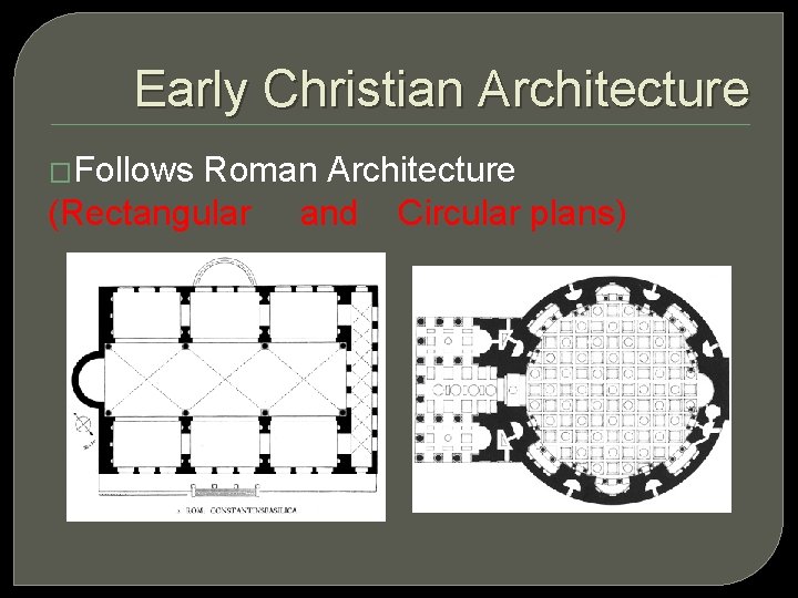 Early Christian Architecture �Follows Roman Architecture (Rectangular and Circular plans) 