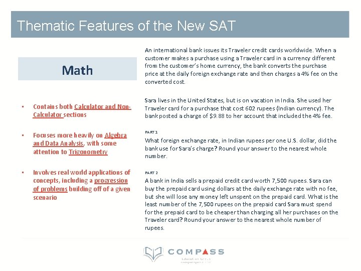 Thematic Features of the New SAT Math An international bank issues its Traveler credit