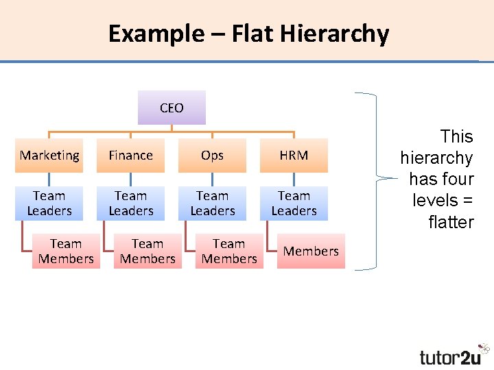 Example – Flat Hierarchy CEO Marketing Finance Ops HRM Team Leaders Team Members This