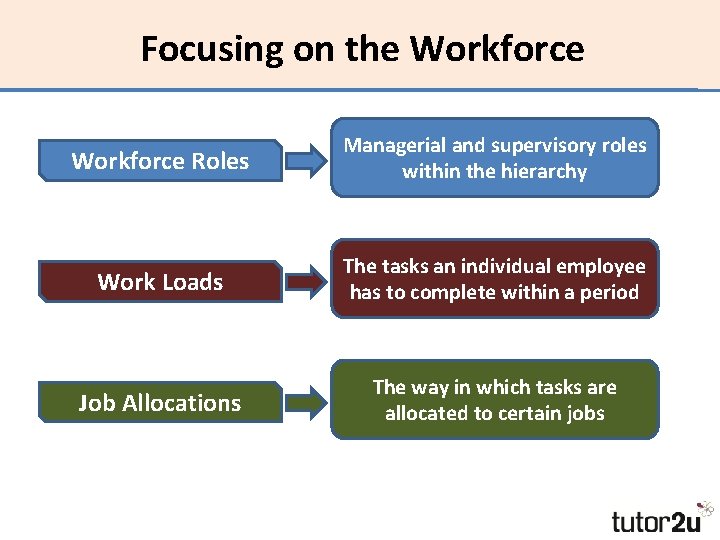 Focusing on the Workforce Roles Managerial and supervisory roles within the hierarchy Work Loads