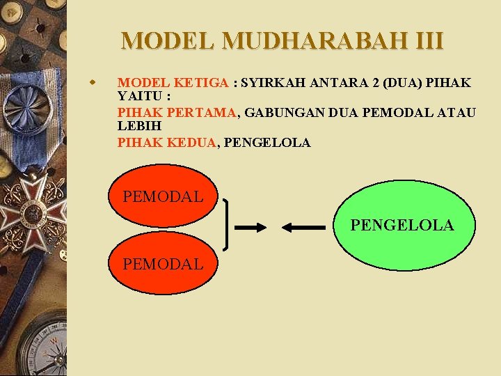 MODEL MUDHARABAH III w MODEL KETIGA : SYIRKAH ANTARA 2 (DUA) PIHAK YAITU :