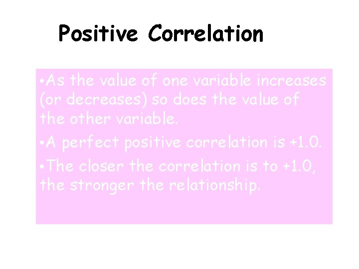 Positive Correlation • As the value of one variable increases (or decreases) so does Positive Correlation • As the value of one variable increases (or decreases) so does