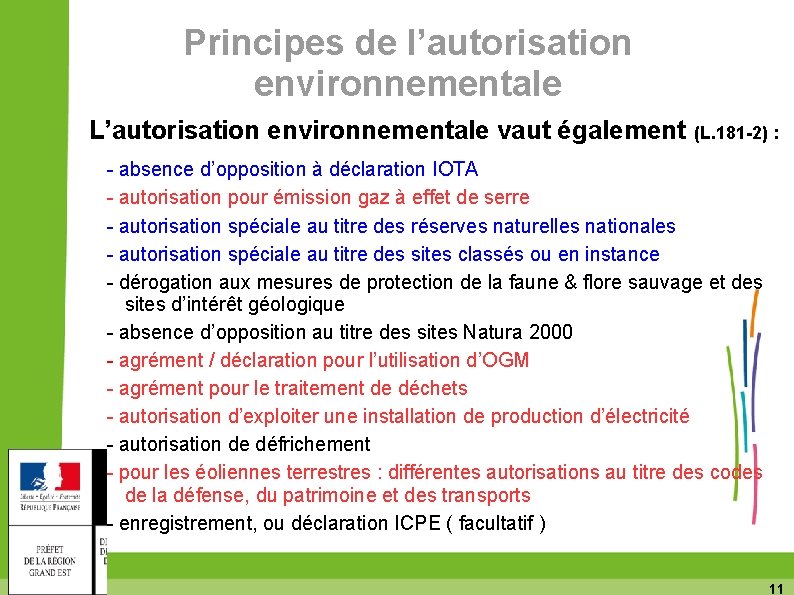 Principes de l’autorisation environnementale L’autorisation environnementale vaut également (L. 181 -2) : - absence