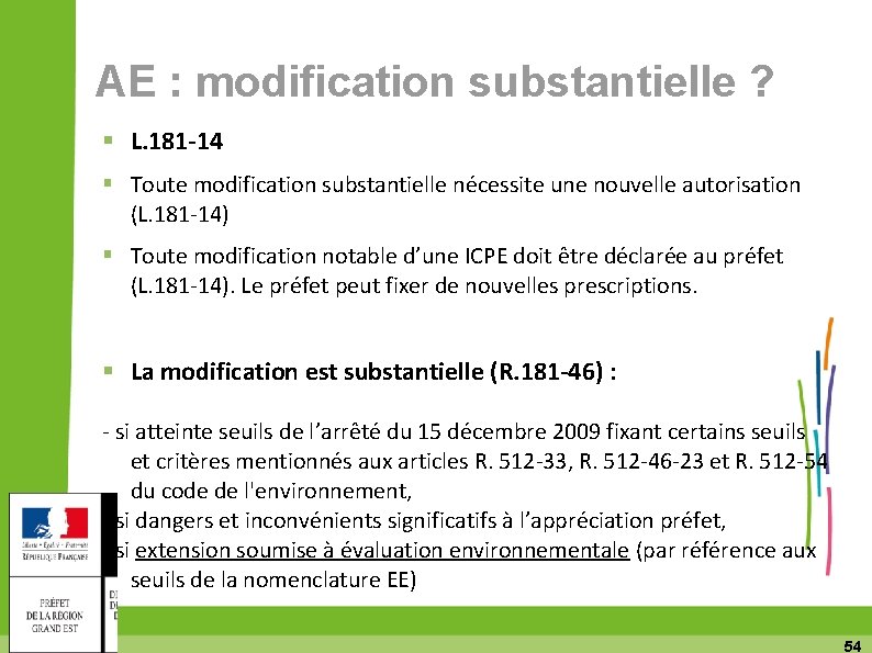 AE : modification substantielle ? L. 181 -14 Toute modification substantielle nécessite une nouvelle