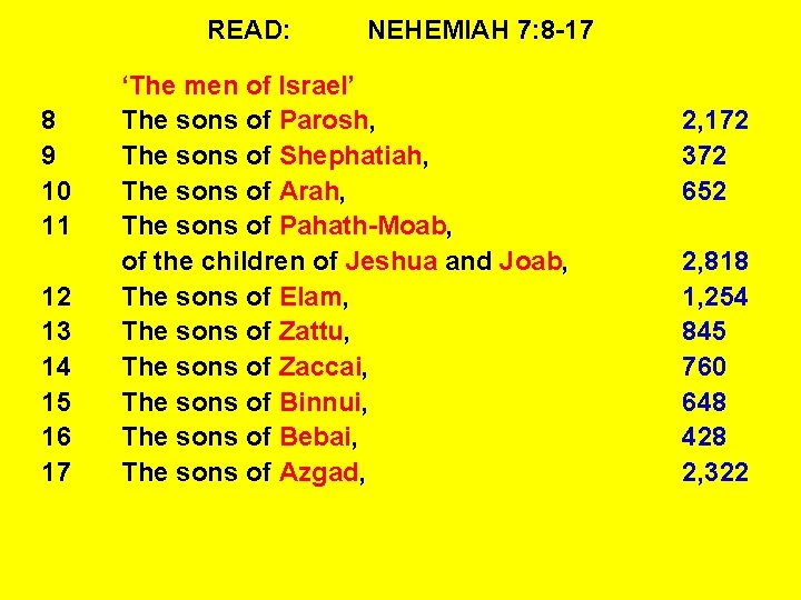 READ: 8 9 10 11 12 13 14 15 16 17 NEHEMIAH 7: 8