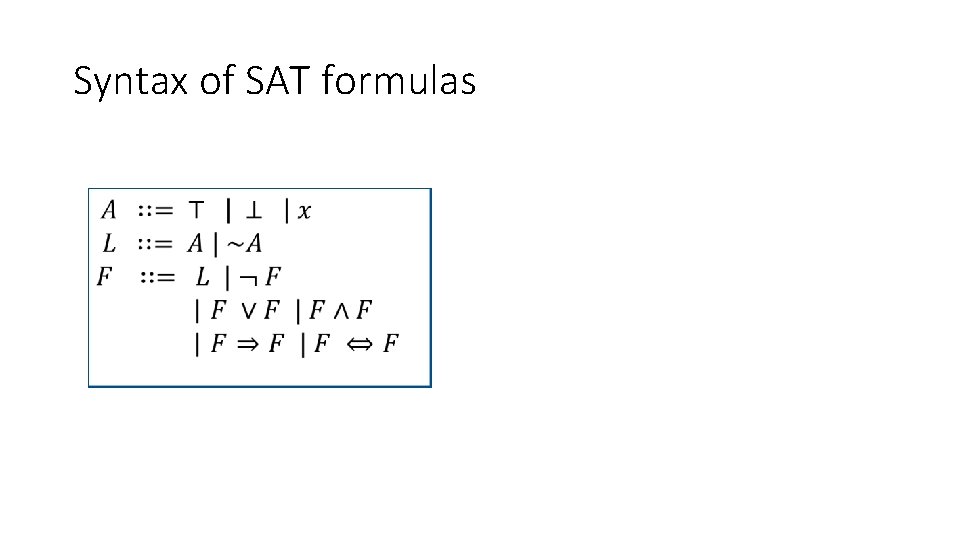 Syntax of SAT formulas 
