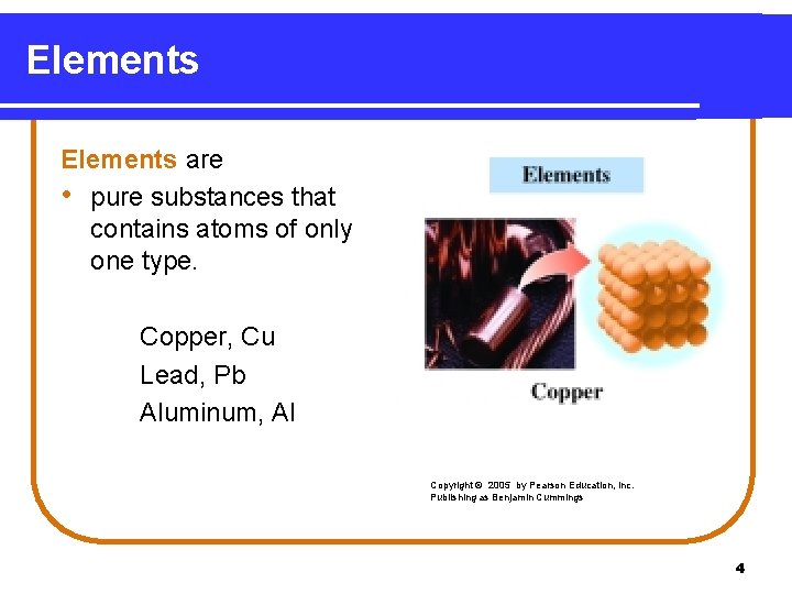 Elements are • pure substances that contains atoms of only one type. Copper, Cu