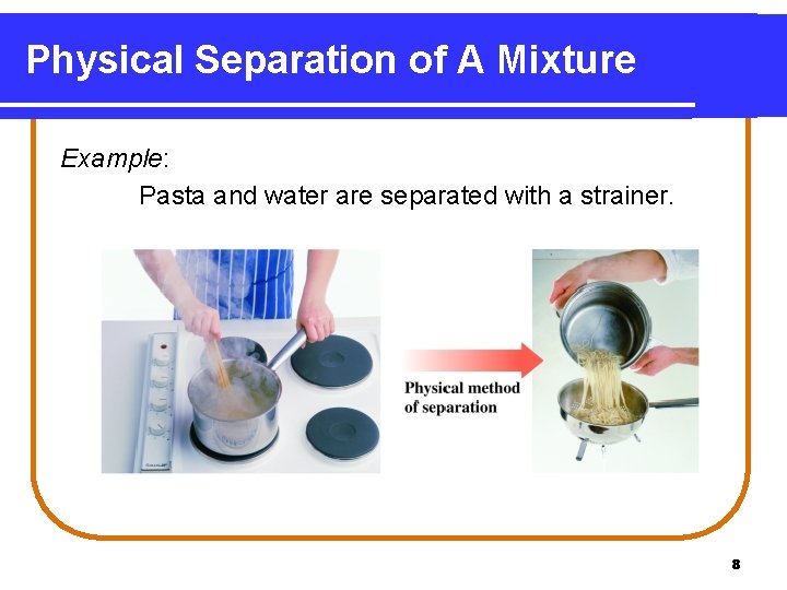 Physical Separation of A Mixture Example: Pasta and water are separated with a strainer.