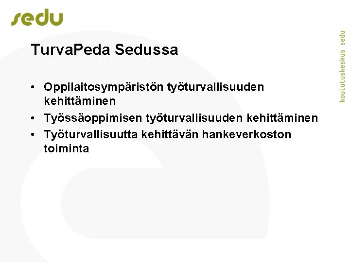 Turva. Peda Sedussa • Oppilaitosympäristön työturvallisuuden kehittäminen • Työssäoppimisen työturvallisuuden kehittäminen • Työturvallisuutta kehittävän