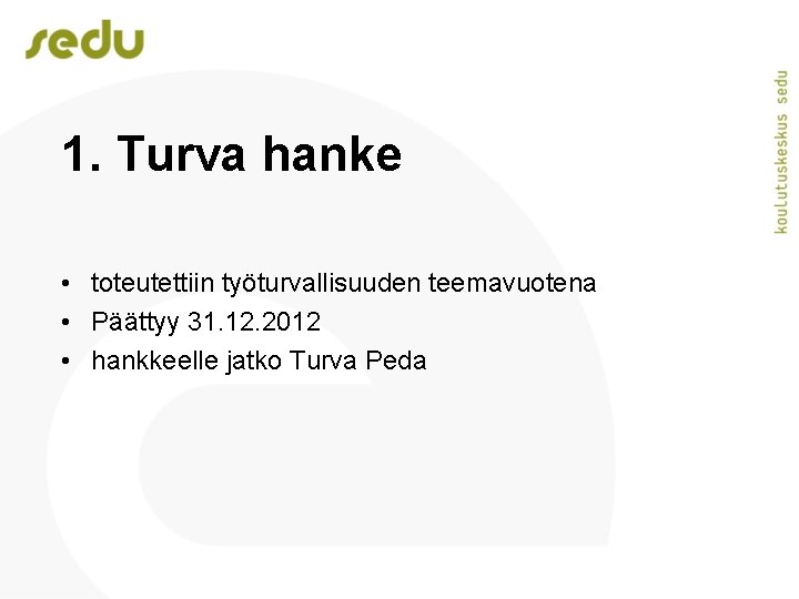 1. Turva hanke • toteutettiin työturvallisuuden teemavuotena • Päättyy 31. 12. 2012 • hankkeelle