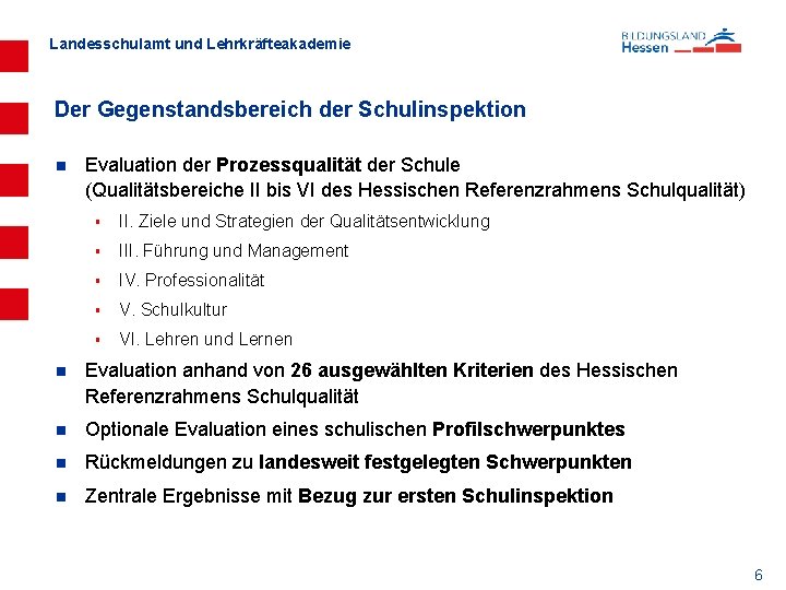 Landesschulamt und Lehrkräfteakademie Der Gegenstandsbereich der Schulinspektion n Evaluation der Prozessqualität der Schule (Qualitätsbereiche