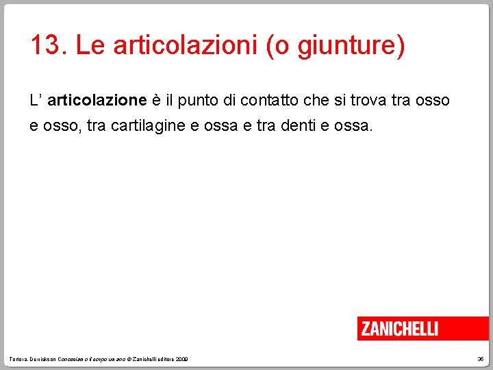 13. Le articolazioni (o giunture) L’ articolazione è il punto di contatto che si