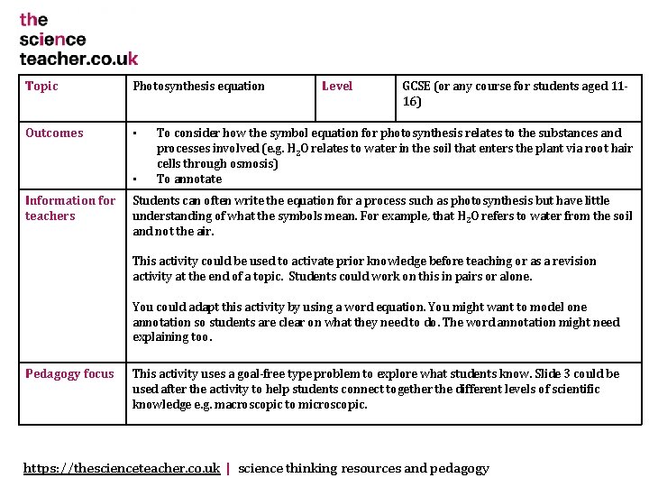 Topic Photosynthesis equation Outcomes • • Information for teachers Level GCSE (or any course