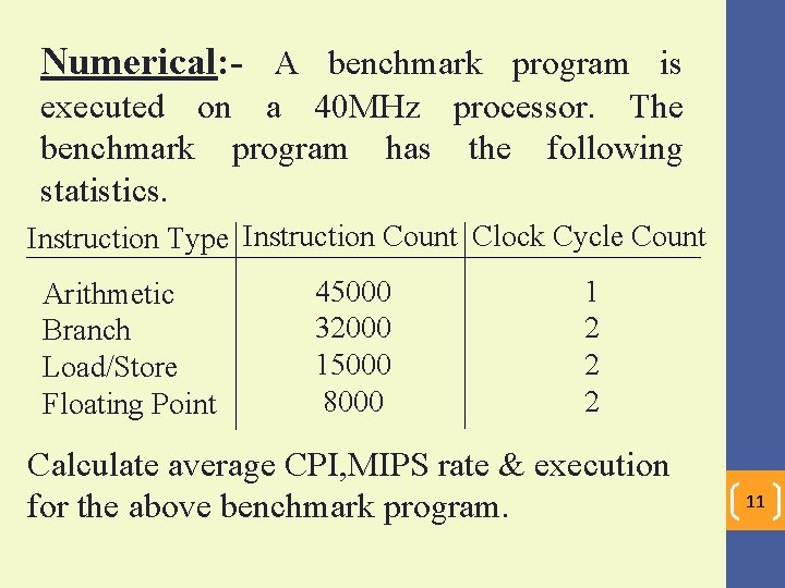 Numerical: - A benchmark program is executed on a 40 MHz processor. The benchmark