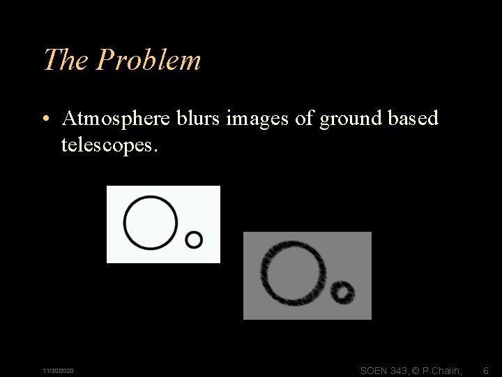The Problem • Atmosphere blurs images of ground based telescopes. 11/30/2020 SOEN 343, ©