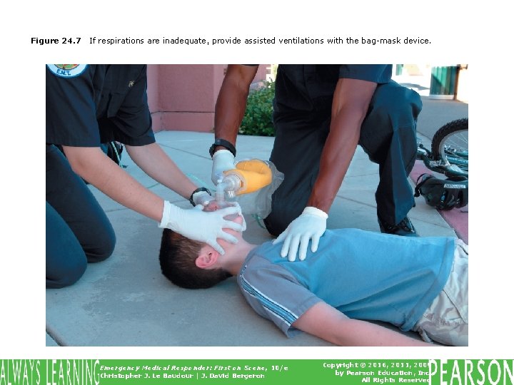 Figure 24. 7 If respirations are inadequate, provide assisted ventilations with the bag-mask device.