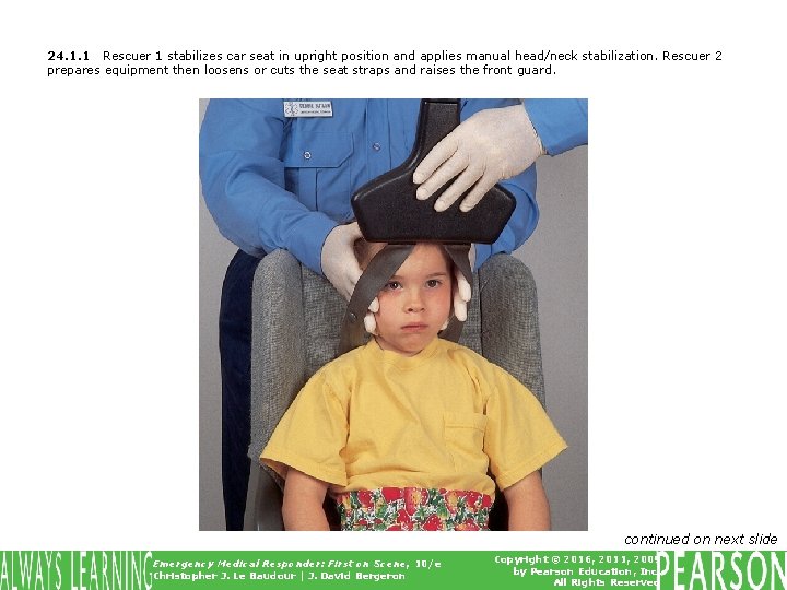 24. 1. 1 Rescuer 1 stabilizes car seat in upright position and applies manual