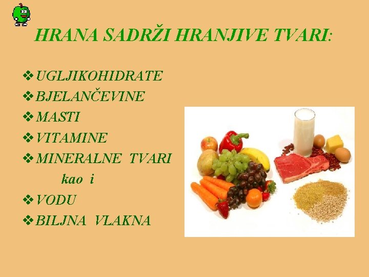 HRANA SADRŽI HRANJIVE TVARI: v UGLJIKOHIDRATE v BJELANČEVINE v MASTI v VITAMINE v MINERALNE