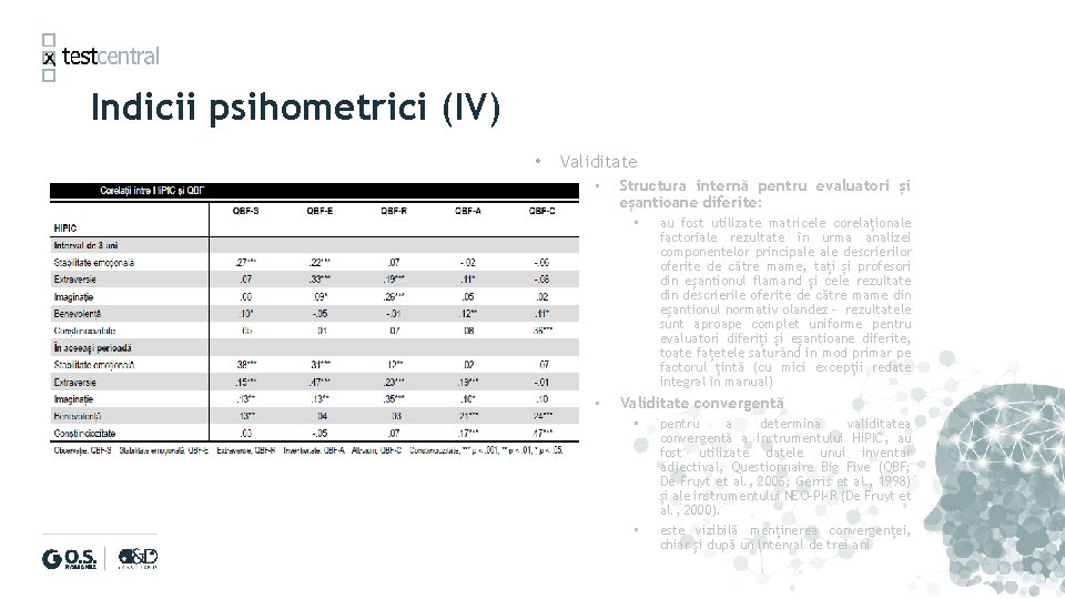 Indicii psihometrici (IV) • Validitate • Structura internă pentru evaluatori și eșantioane diferite: •