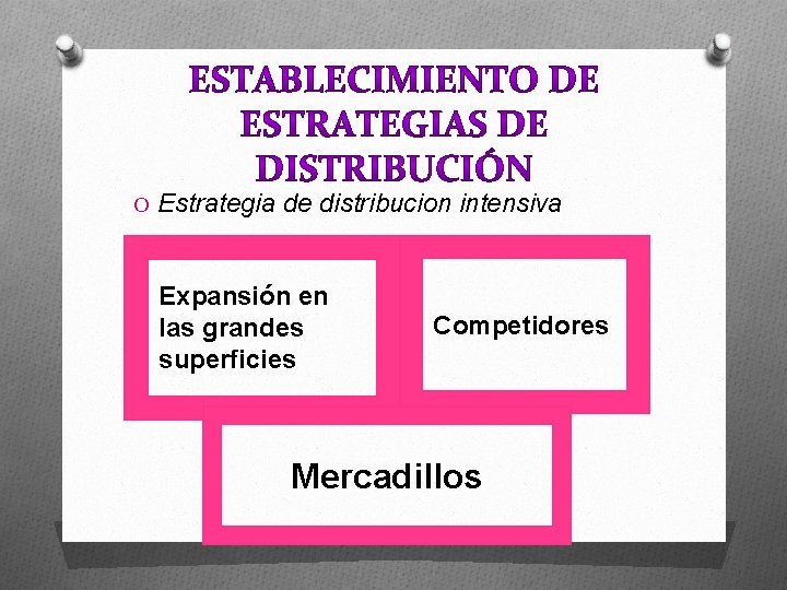 O Estrategia de distribucion intensiva Expansión en las grandes superficies Competidores: Mercadillos 