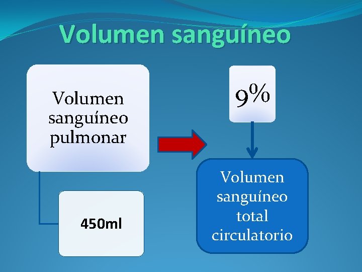 Volumen sanguíneo pulmonar 450 ml 9% Volumen sanguíneo total circulatorio 