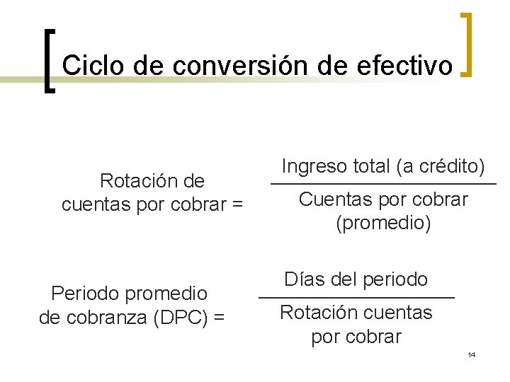Ciclo de conversión de efectivo Rotación de cuentas por cobrar = Periodo promedio de