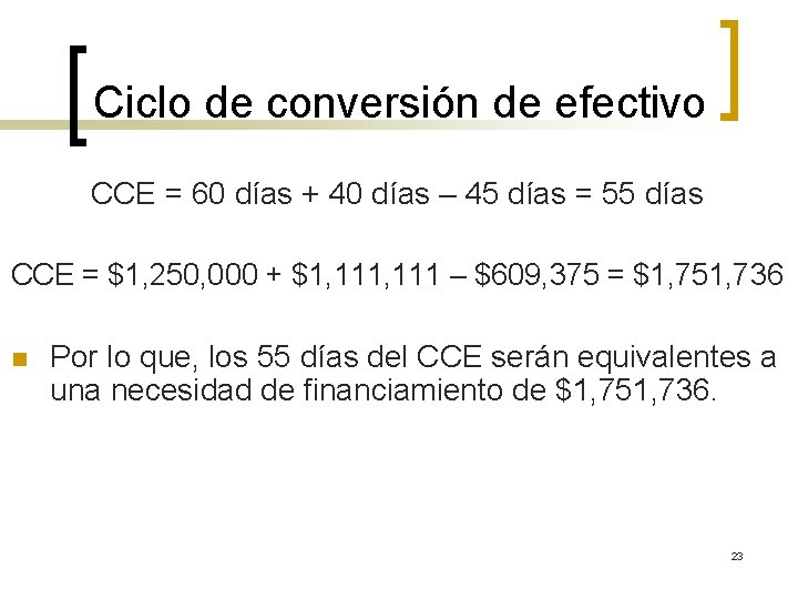 Ciclo de conversión de efectivo CCE = 60 días + 40 días – 45