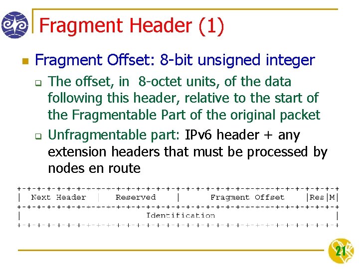 Fragment Header (1) n Fragment Offset: 8 -bit unsigned integer q q The offset,