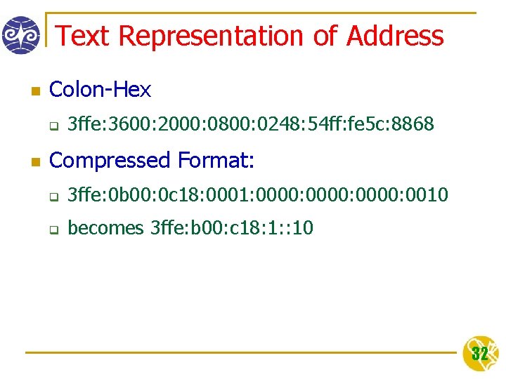 Text Representation of Address n Colon-Hex q n 3 ffe: 3600: 2000: 0800: 0248: