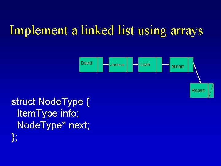 Implement a linked list using arrays David Joshua Leah Miriam Robert struct Node. Type