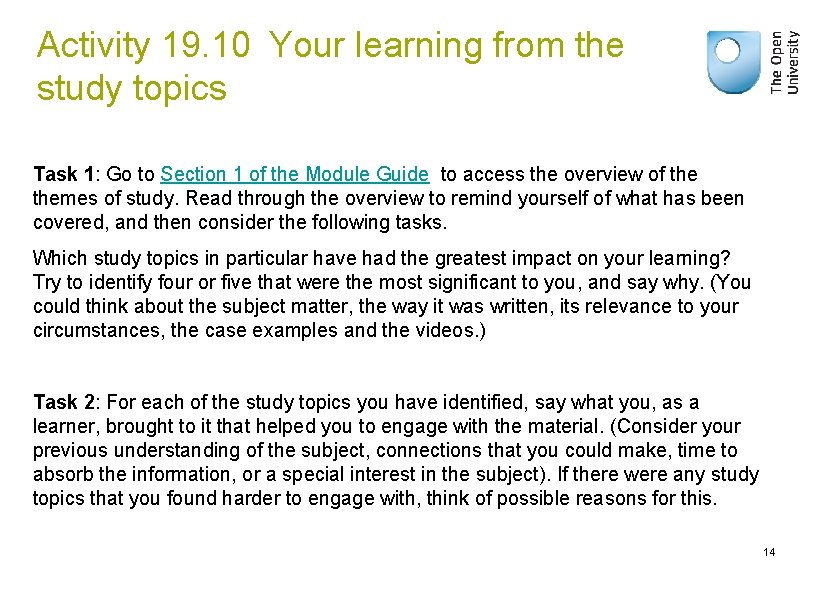 Activity 19. 10 Your learning from the study topics Task 1: Go to Section 1